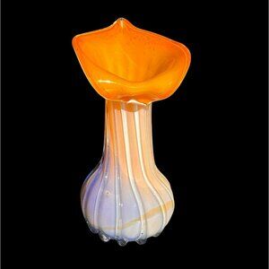 Murano-Style Vase Handblown Art Glass Tulip Vase With Orange & White Stripes Vin